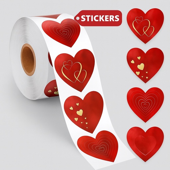 Roll Red Heart Stickers Self-Adhesive Cute Style Love Pattern Sticker 1" round - Picture 4 of 4